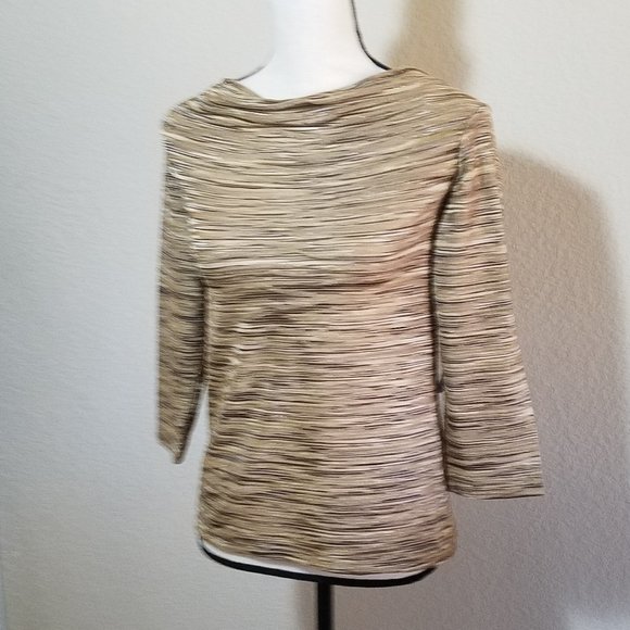 Jones New York Petite Small Blouse Gold Beige Brown 3/4 Sleeve Top SP Metallic - Picture 2 of 4